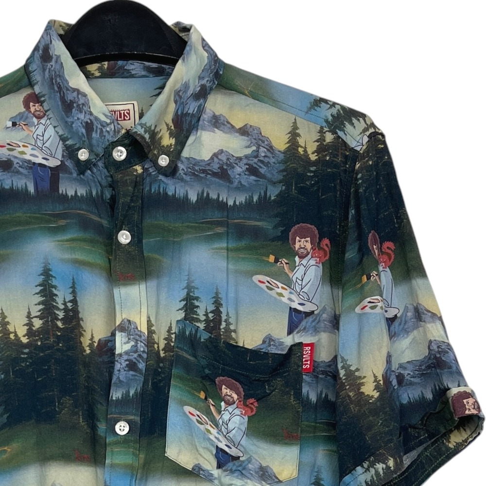 RSVLTS x BOB ROSS Happy Little Trees Rayon Short Sleeve Button Down Shirt Mens M